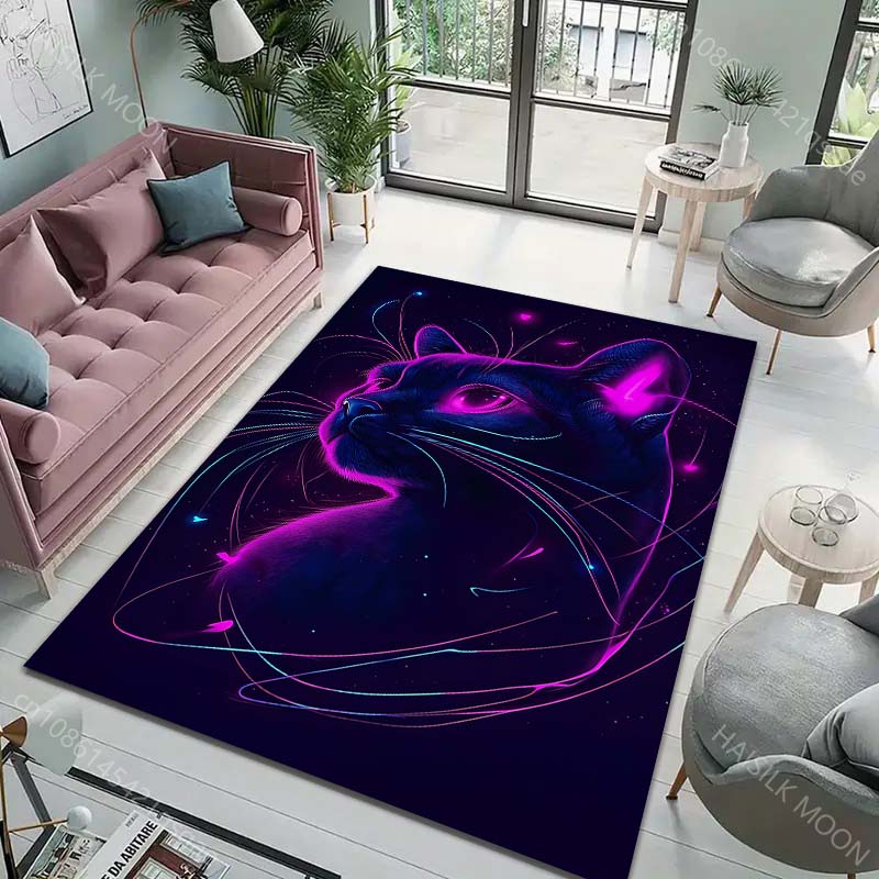 Mehrere Größen Neonfarbene Katzenillustration Teppich für Wohnzimmer Schlafzimmer Sofa Heimdekoration Teppich Rutschfeste Fußmatte Luxuriöses Geschenk