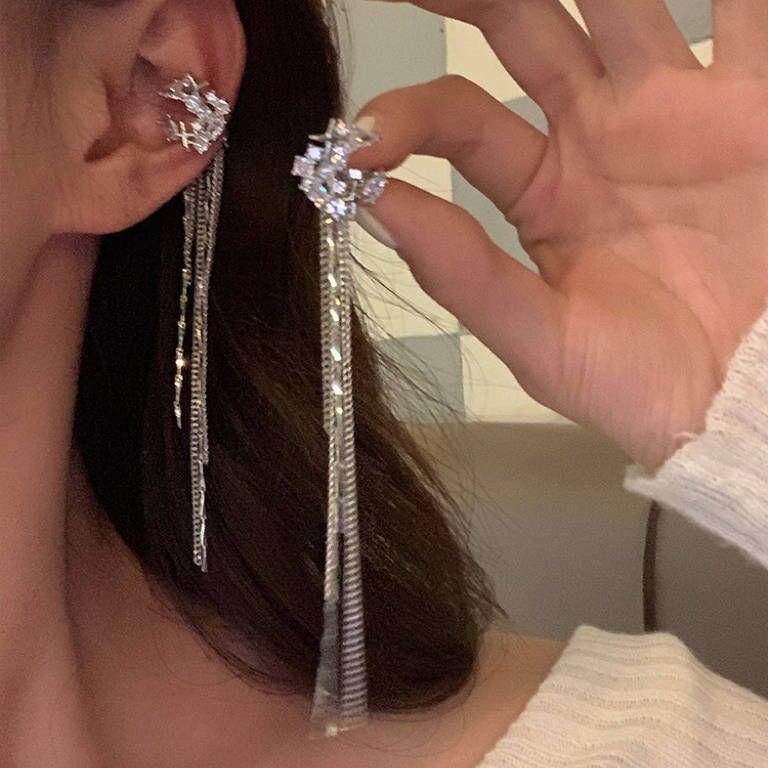 

Moon Goddess Zircon Long Tassel Ear Cuff Earrings - No Piercing Required