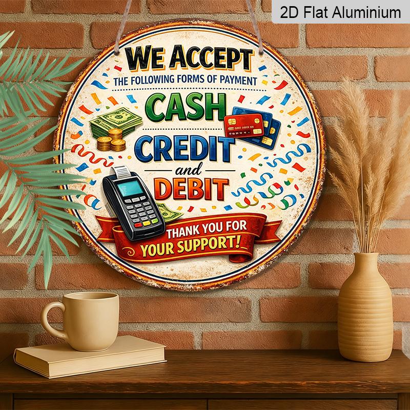 2D Flat - 1pc Round Aluminum Hanging Sign, Vintage Plaque About "Accept Cash Credit Debit Cards Payment", "Store Checkout POS Decoration" Themed