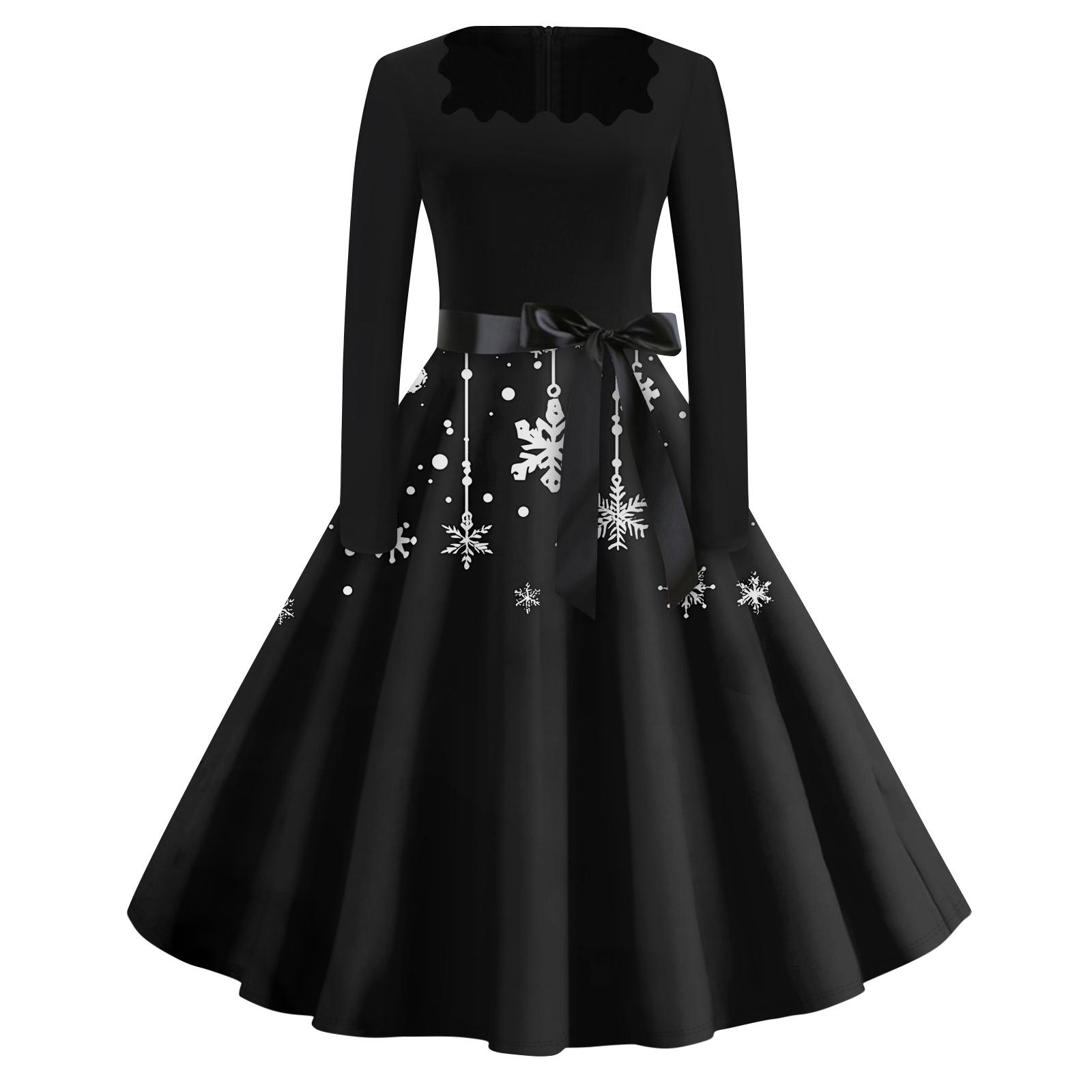 

Рождественский принт расклешенное платье для женщин платье с длинным рукавом ажурное вечернее повседневное платье с квадратным воротником L