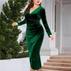 Plus Size Velvet Bodycon Dress - Long Sleeve, Pleated, Deep V Neck for Parties & Cocktails