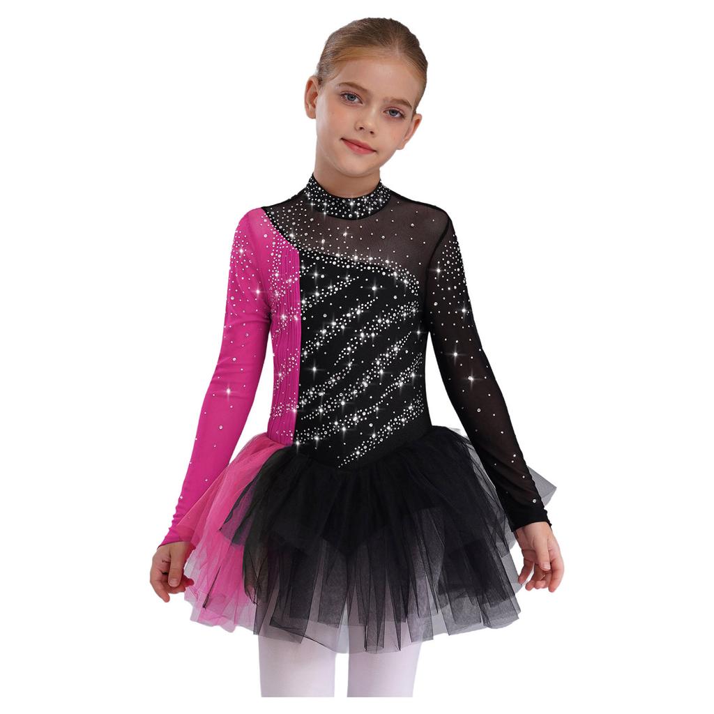 Girls Figure Skating Dress Long Sleeve Sparkling Rhinestones Color Block Patchwork Stage Performance Costume