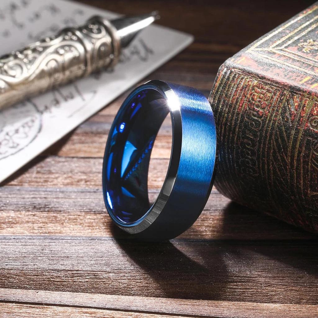 Fashion Blue Color Stainless Steel Rings For Men Blue Brushed Beveled Edge Steel Engagement Rings Men Wedding Band Jewelry Gift