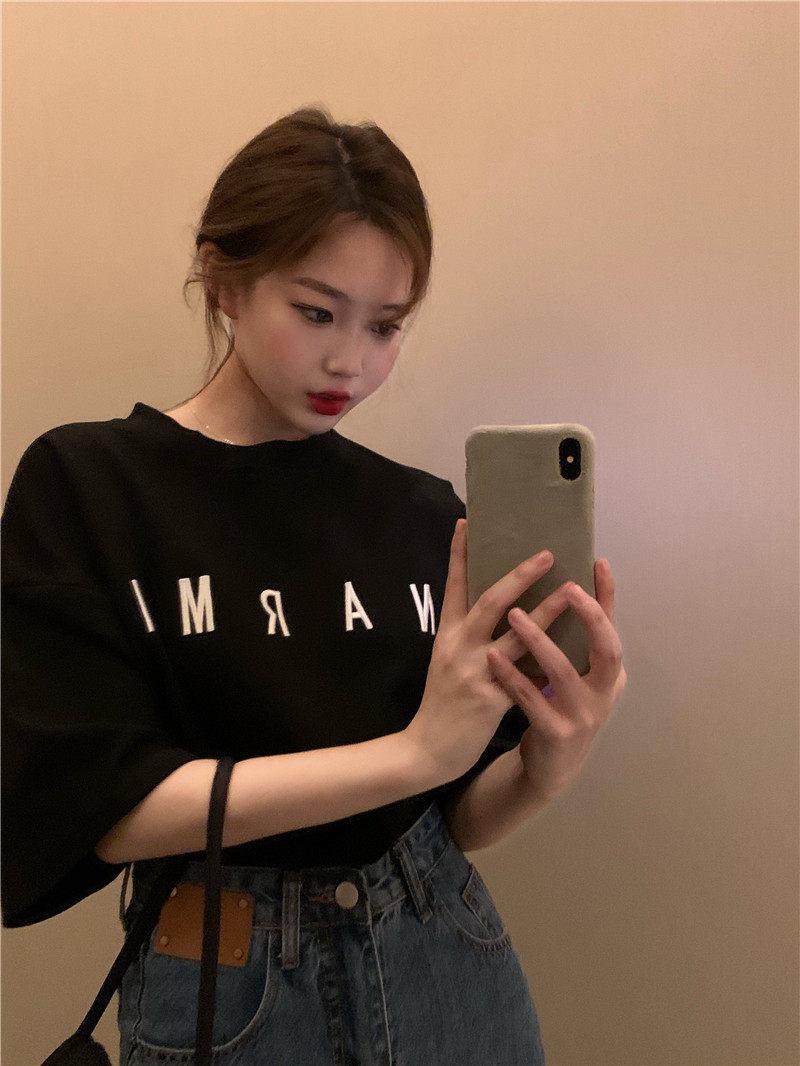 

Plus Size Korean Style White Cotton Mid-Length Short Sleeve T-Shirt for Women 3XL (for 156-170 lbs) чёрный
