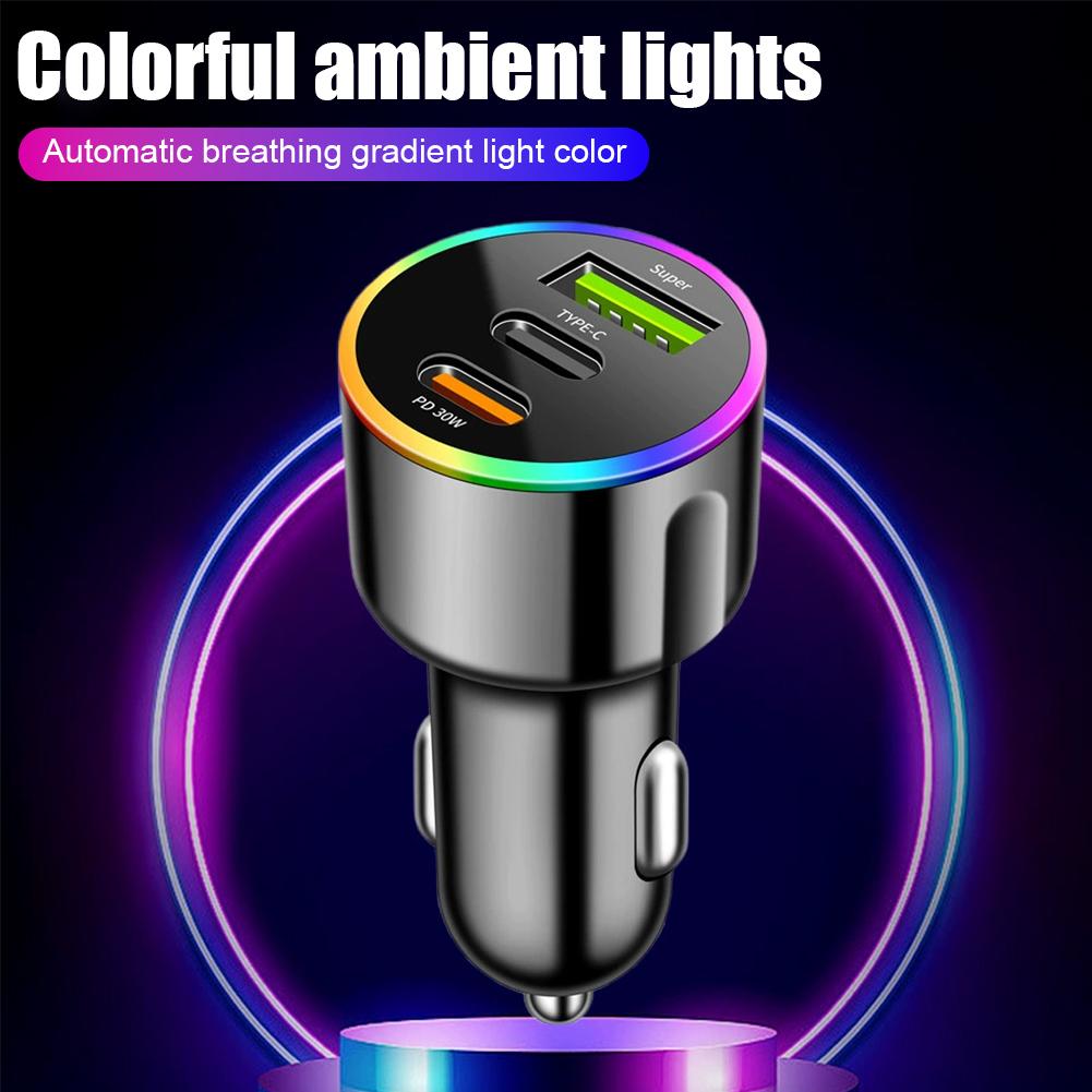 60W Fast Car Charger PD30W QC3.0 Dual Port USB C Car Charger 7 Colors RGB Ambient Light Fast Charging Adapter For Mobile Phone