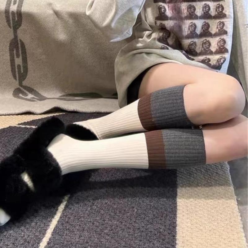 Gray Black And White Spliced Double Needle Calf Socks Autumn Pure Cotton Long Knee Socks Slim Pile Socks