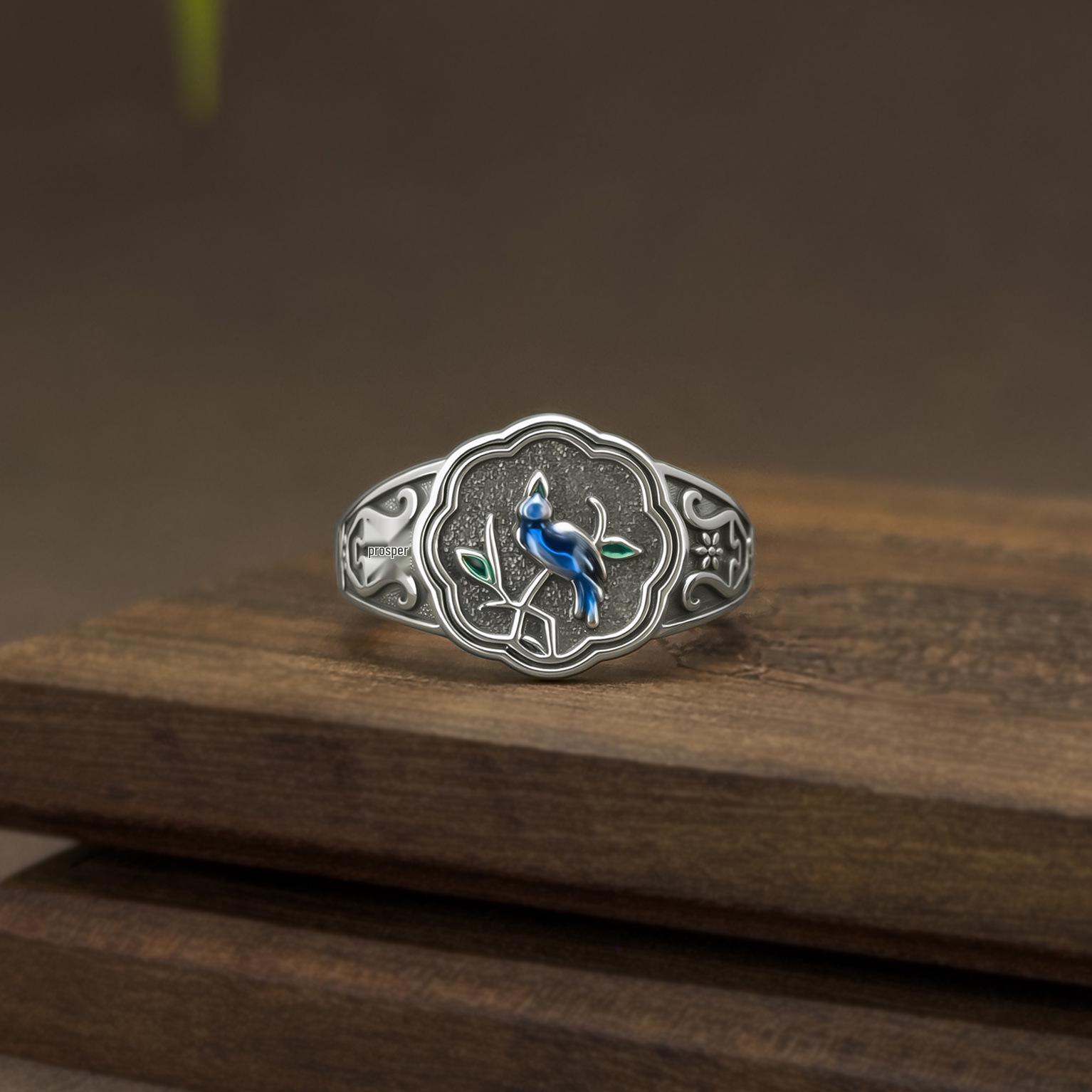 Thai Silver 999 Antique Enamel Magpie Ring - Adjustable Plum Blossom Design