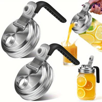 2 Stück 304 Edelstahl Mason Jar Deckel mit Griff - 86mm Auslaufsicherer Klappdeckel mit Ausgießer, Rostbeständig, Auslaufsicheres Design für Küche, Camping, Reisen