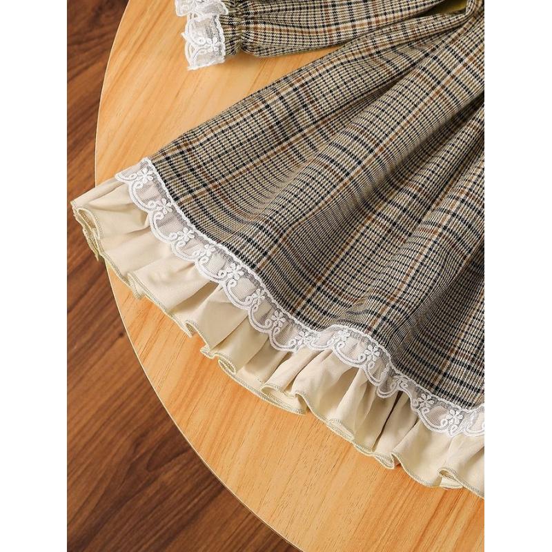 Girls New Dress Baby College Stylishly Princess Children Lolita Plaid Long Sleeve British Style Dress