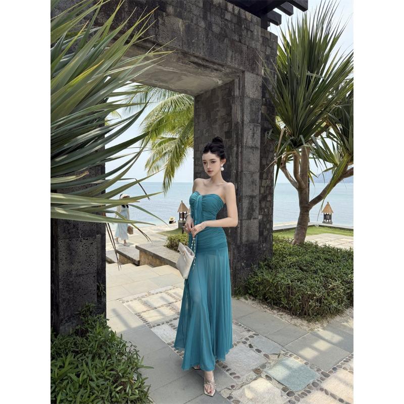 

Sexy Retro Blue Sleeveless Tube Top Dress Seaside Vacation Temperament Waist Hip Beach Dress S синий