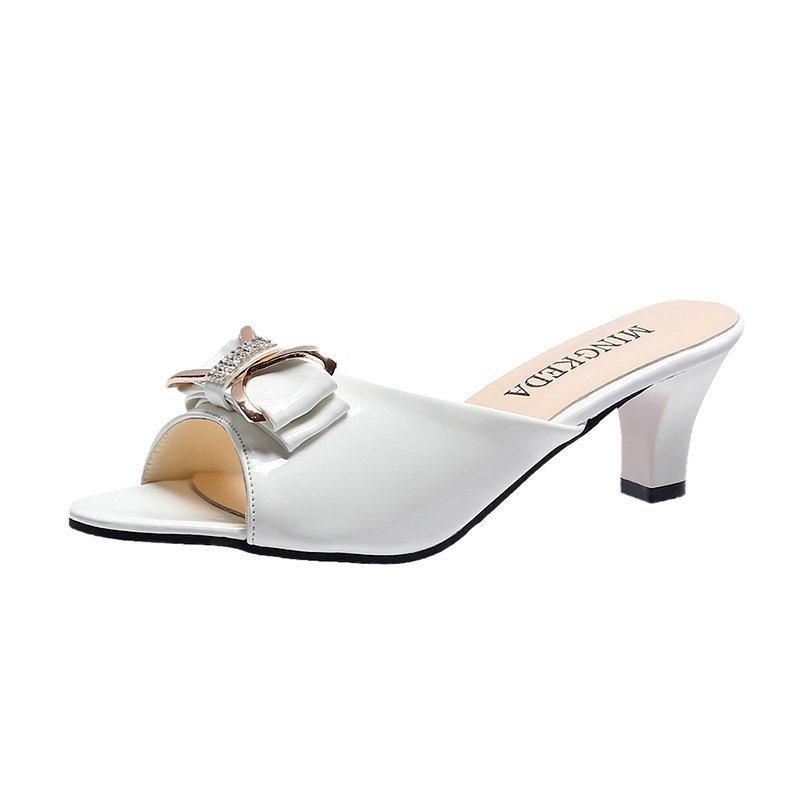 

Summer new thin heel, medium heel, fish mouth bow, one-word women s versatile slippers 42 белый