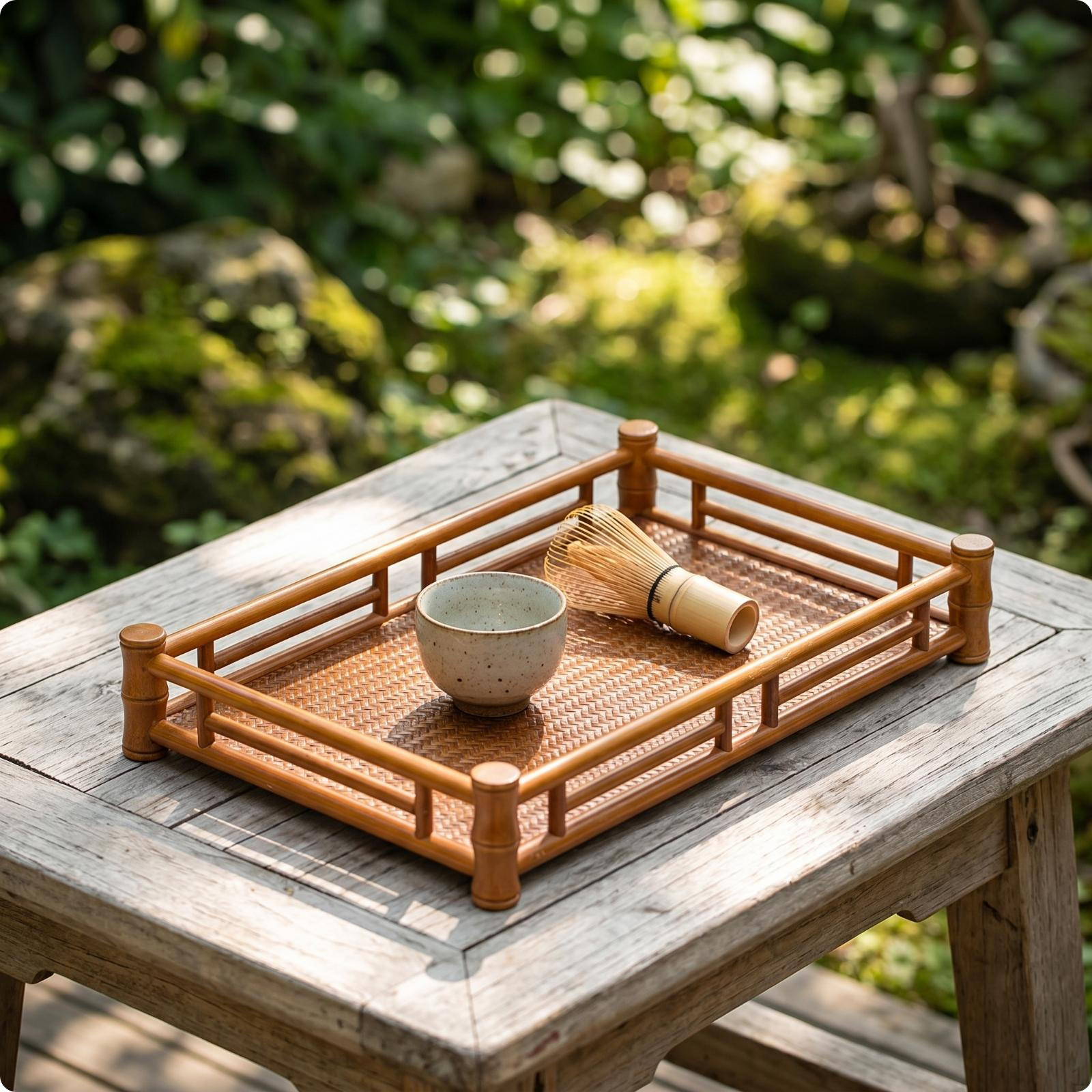 Serving Tray with Woven Central Panel Handcrafted Bamboo for Tabletop Display Highrail