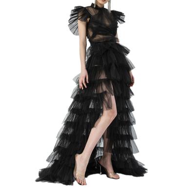 Women Tulle Skirt, Solid Color Mesh Tied-Up Irregular Floor-Length Party Skirt for Wedding Guest, Dinner, Cocktail Party