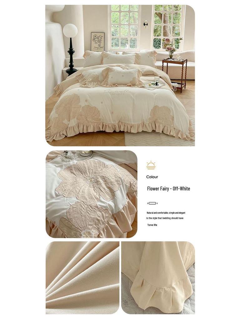 G5Z Koreanisches Prinzessinnen-Sonnenblumen-Stickbettwäsche-Set - Große Bettbezug & Spannbettlaken, Mädchenhaftes Vierteiliges Set