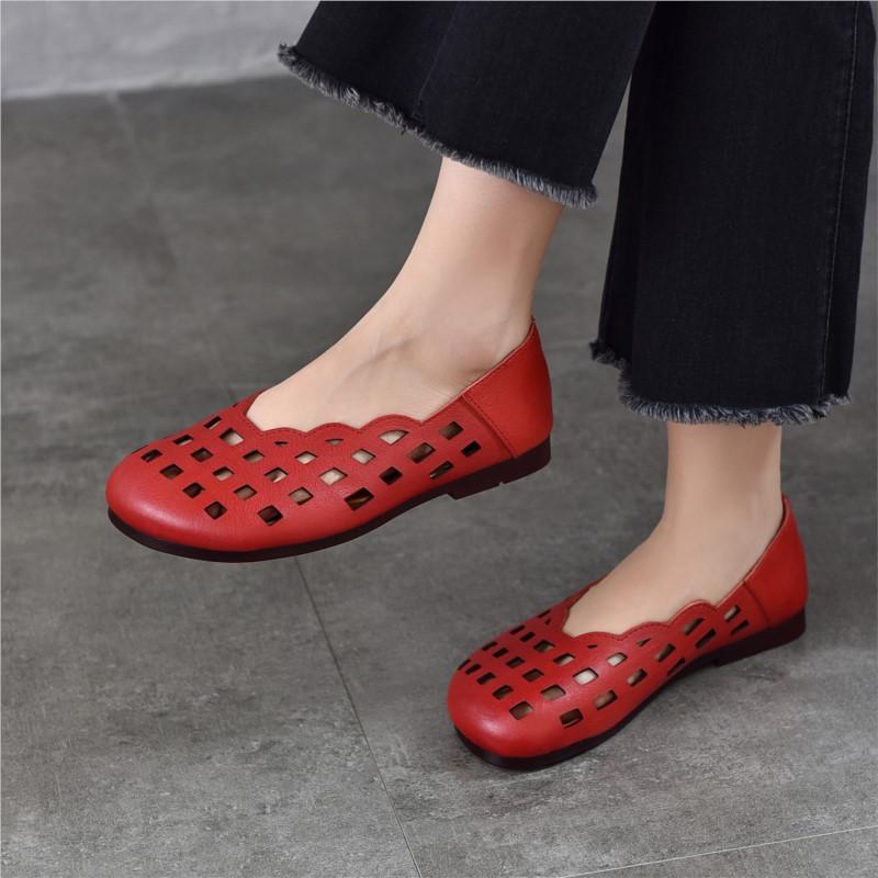 Johnature Genuine Leather Slip-on Shoes Hollow Out Breathable Soft Bottom Women's Flat Sandals
