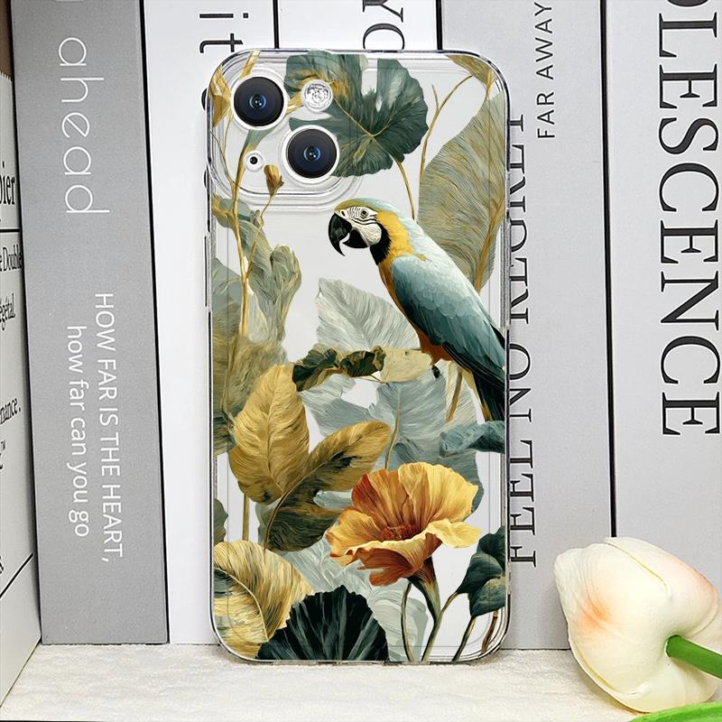Cartoon Monstera Leaves Palm Tree Flowers Bird Phone Case for iPhone 17 16 15 14 11 12 13 Pro Max Mini 7 Plus X XS XR Soft Cover