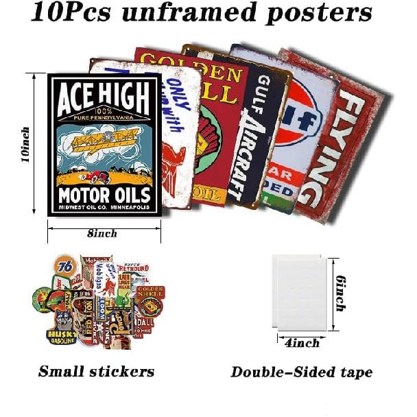 10Pcs Vintage Garage Signs For Men Wall Decorations Old Car Shop Posters Oil And Gas Station Sign Man Cave Decor,Posters For Room Aesthetic,Retro