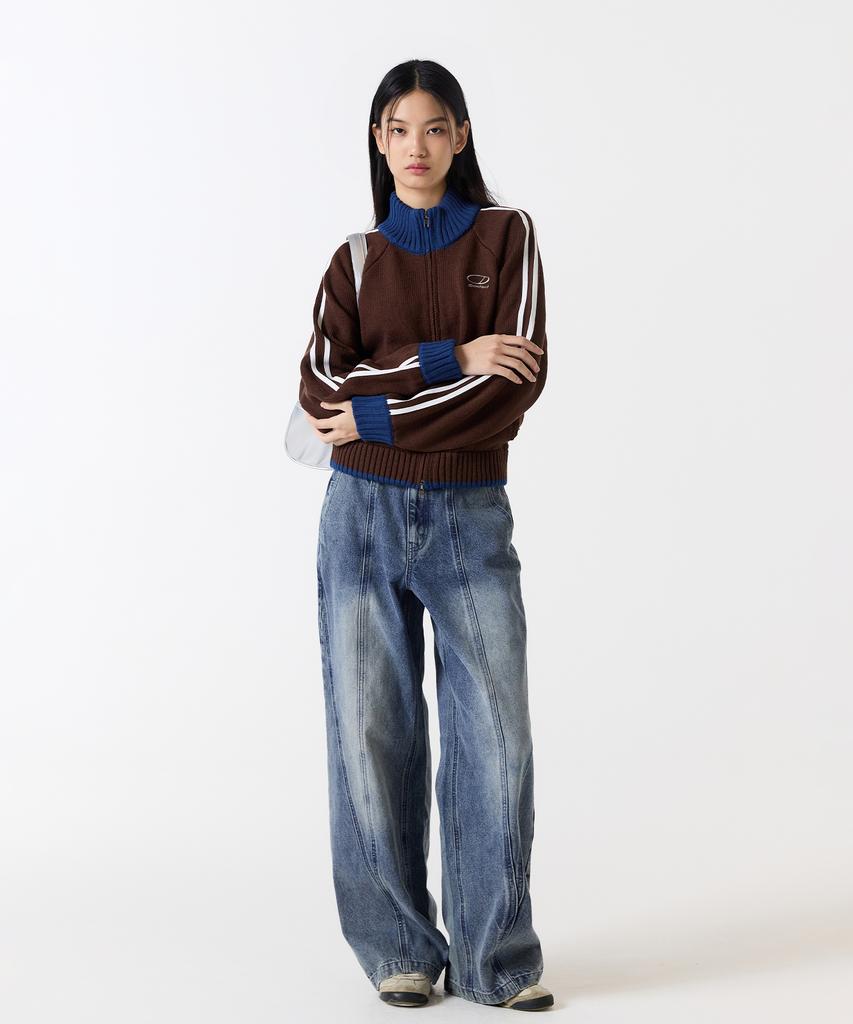 Oddstudio Sporty Track Semi-Crop Knit Zip-Up - Brown