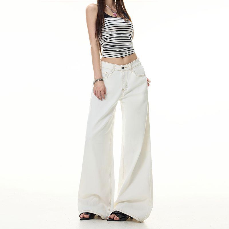 Spring Summer Low Waist Brown Contrast Stitch Pure Cotton Slim White Denim Pants For Women Casual Pants Oversize Denim Trousers