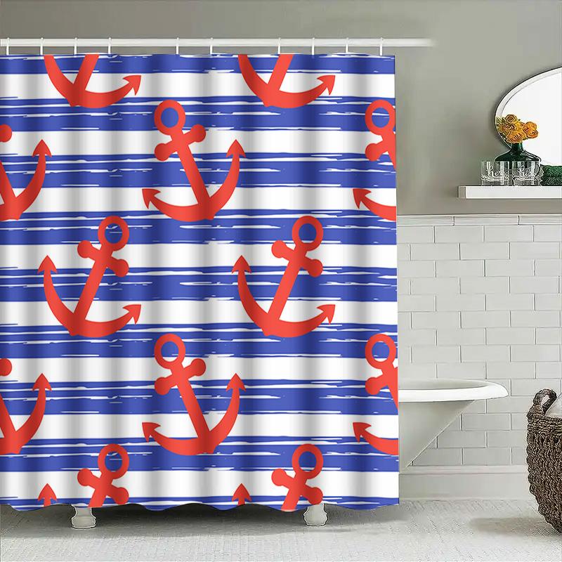 Red Anchors Blue Striped Shower Curtain Waterproof Polyester Bathroom Decor Set