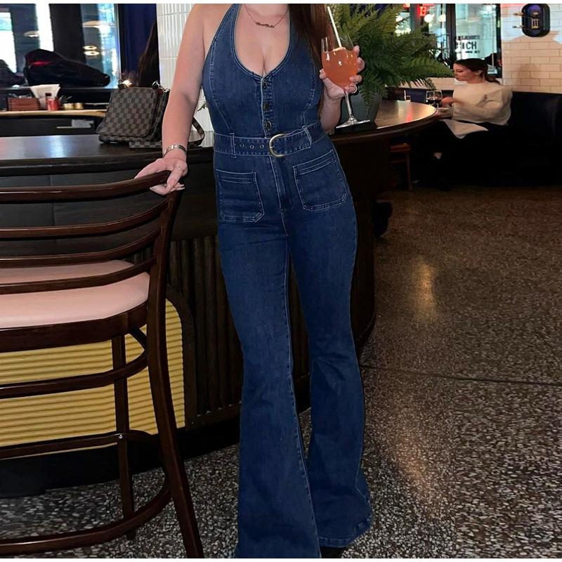 Women's Sleeveless Hanging Neck Denim Jumpsuit Summer New Outfit Slim Fit Denim Pants New Fashion Style Lady Strapless Sleeveless Blue Jumpsuits