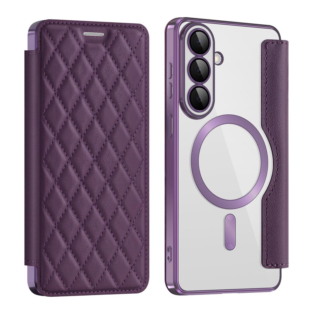 For Samsung Galaxy S26+ Magnetic Case RFID Blocking Card Holder Rhombus PU Leather Phone Cover with Lens Film