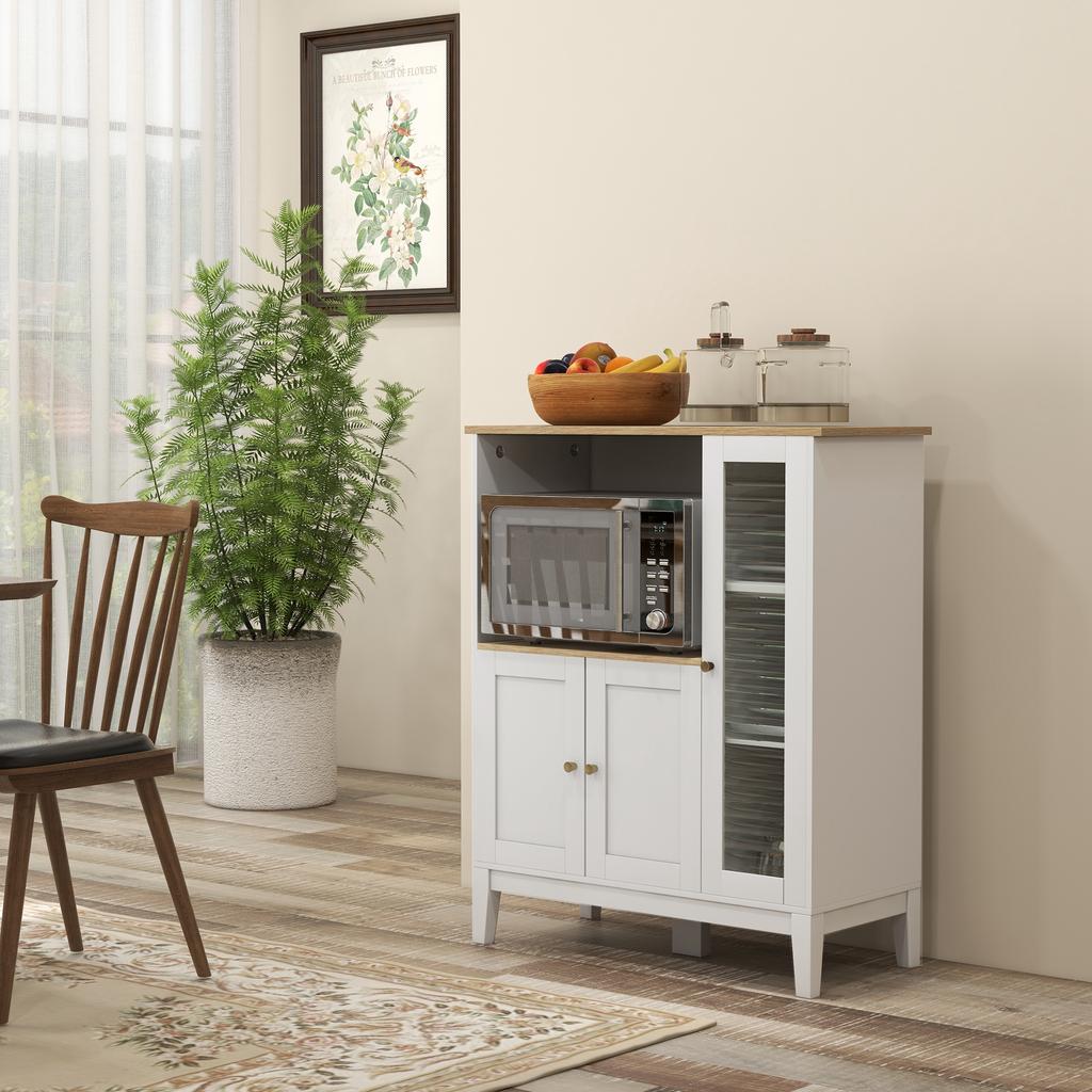 Microwave Cabinet Unit for Kitchen with 1 Niche, 3 Doors Cable Holes 80 X 35 X 97 Cm White and Wood Look
