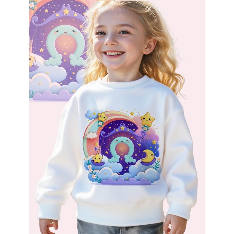 European sizes Kids Whimsical Skyland: A Dreamy Cartoon Illustration Print Long Sleeve Crewneck Sweatshirt - Soft Casual Pullover Top 110