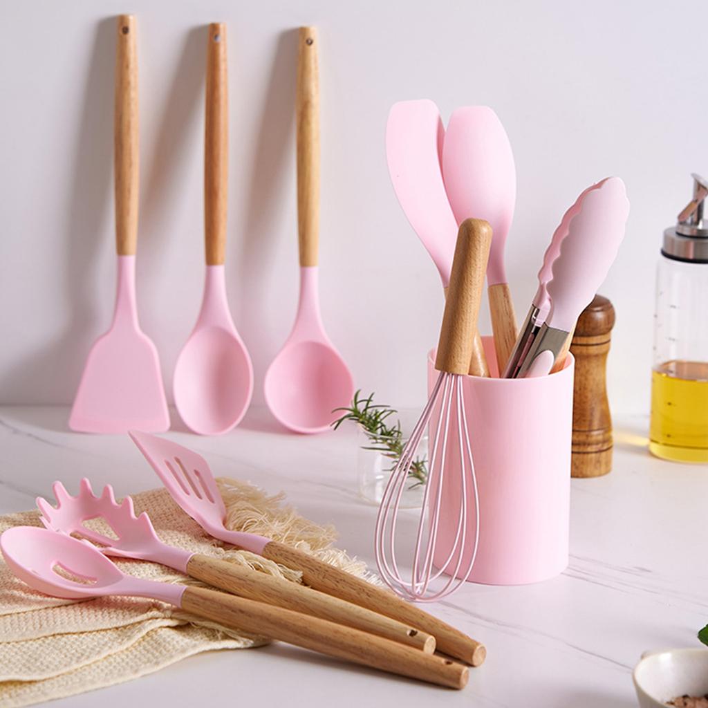 Kitchen Utensils Set 12 Pieces Nonstick Silicone Cooking Utensils Wood Handle Silicone Cooking Utensils Set With Holder Dishwasher Safe