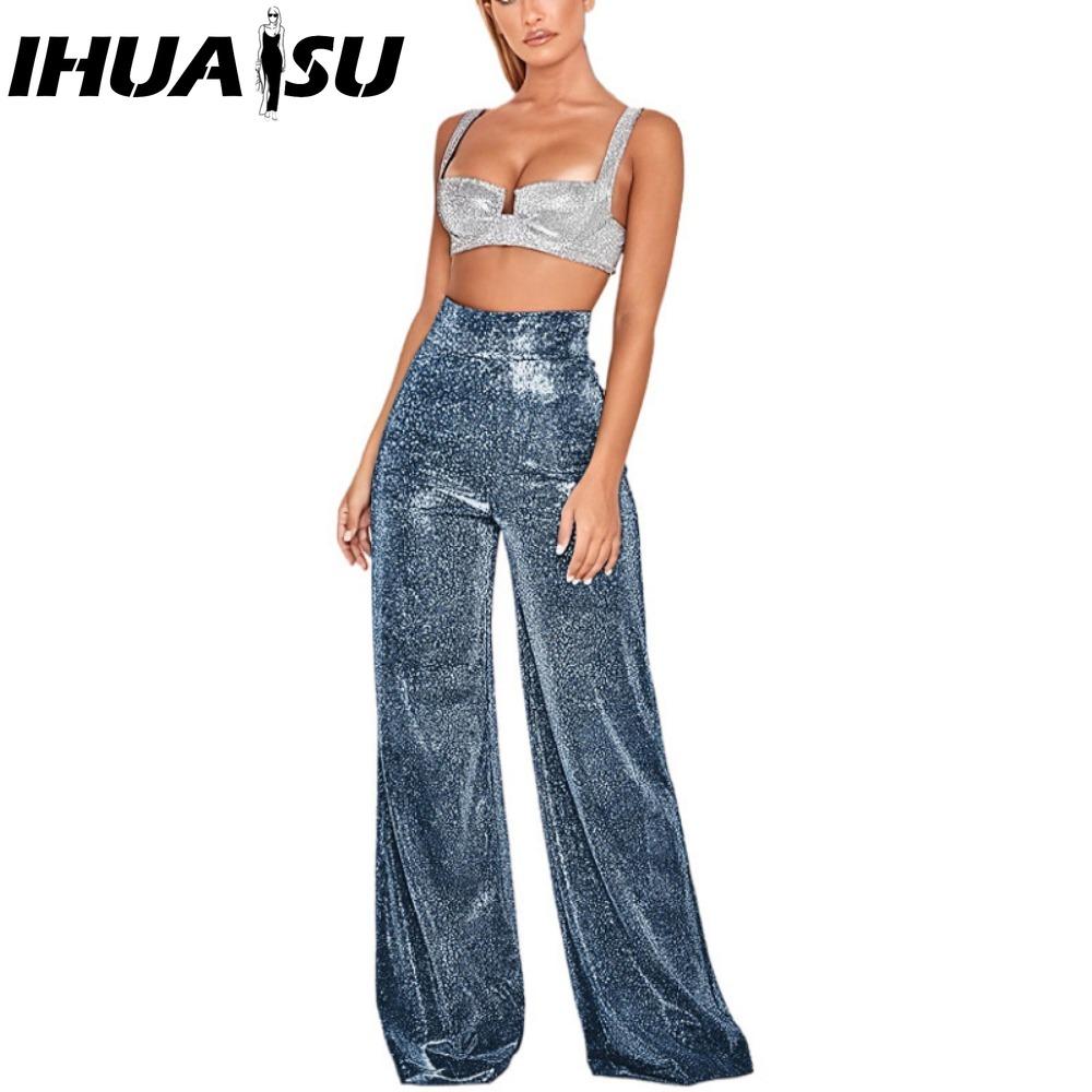 

IHUASU Женские брюки Блестящие однотонные Брюки с высокой талией Весна Осень Темперамент Свободные Прямые Широкие брюки Повседневная одежда XL темно-синий