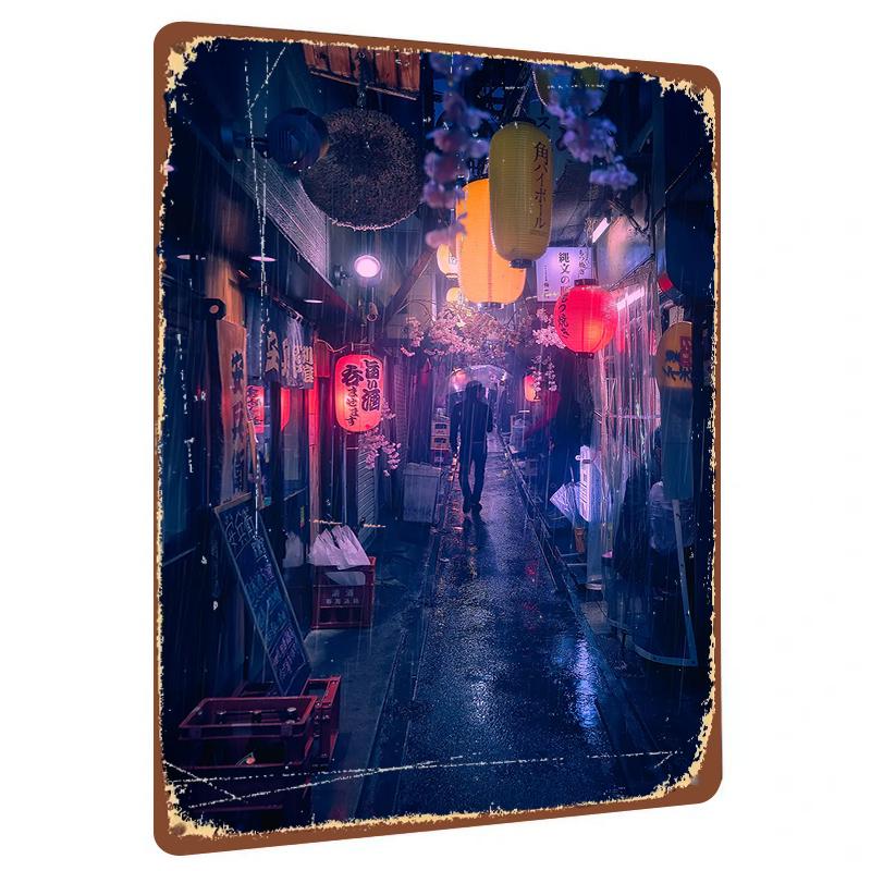 

Vintage Japanese Lantern Street Rainy Night Metal Tin Sign Home Decor Wall Art for Living Room 20x30cm（7.8x11.8inch）
