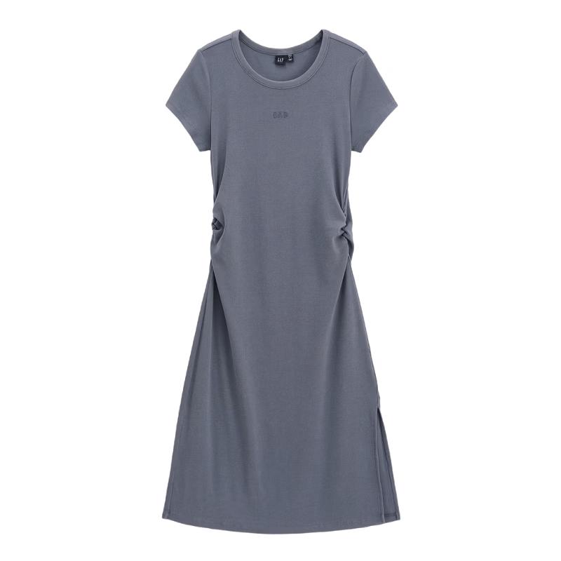 Gap Women's Embroidered Logo Pleated Waist Round Neck Short Sleeve Dress