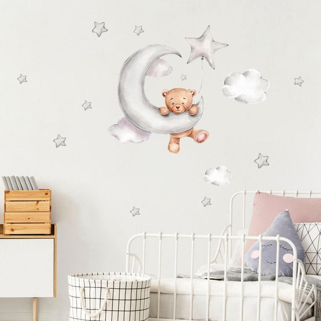 Tecknad Söt Björn Väggklistermärken Björn Moln Måne och Stjärna Väggdekaler för Barnrum Pojk Flickrum Barnkammare Tapetdekoration