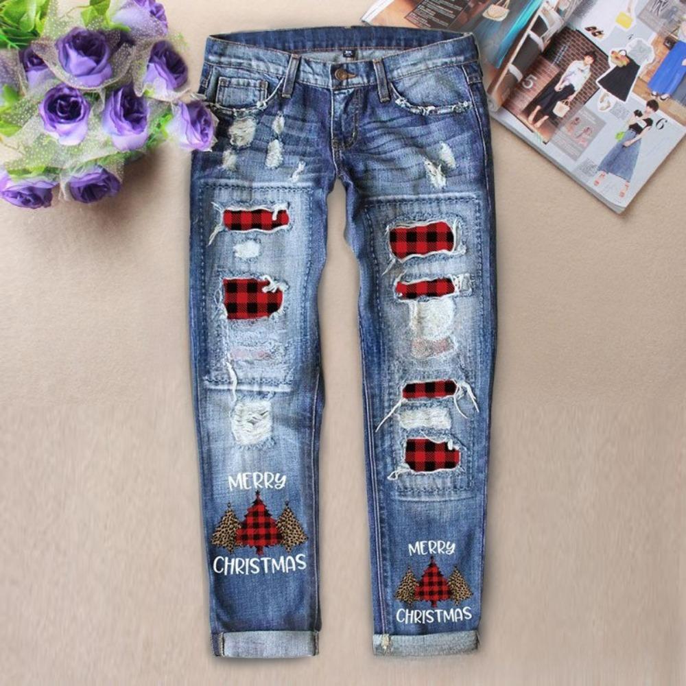 Women s High Waist Harem Jeans Loose Fit Ripped Red Plaid Snowflake Print Winter Casual Denim Trousers S