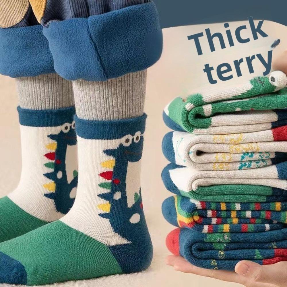 5pairs/1 Set Girls Cute Cartoon Mid Calf Socks Korean Princess Style Kids Versatile Winter