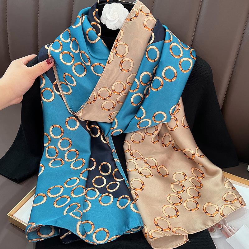 Light luxury metal ring blue large long scarf, high-end sunscreen extended printing silk scarf, imitation silk long silk scarf