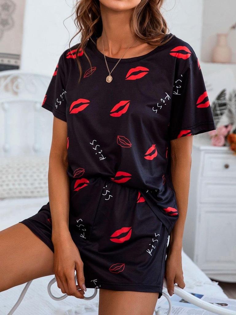 Women's Printed T-Shirt and Shorts Two-Piece Set - Comfortable, Casual, Sexy Homewear