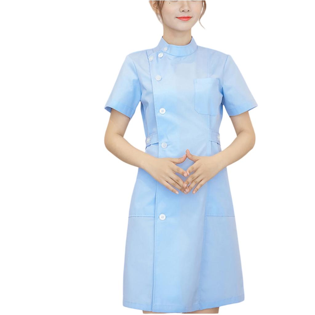 Women's Fashion Bias Lapel Standing Neck Short Sleeve Solid Color Uniform Dresses