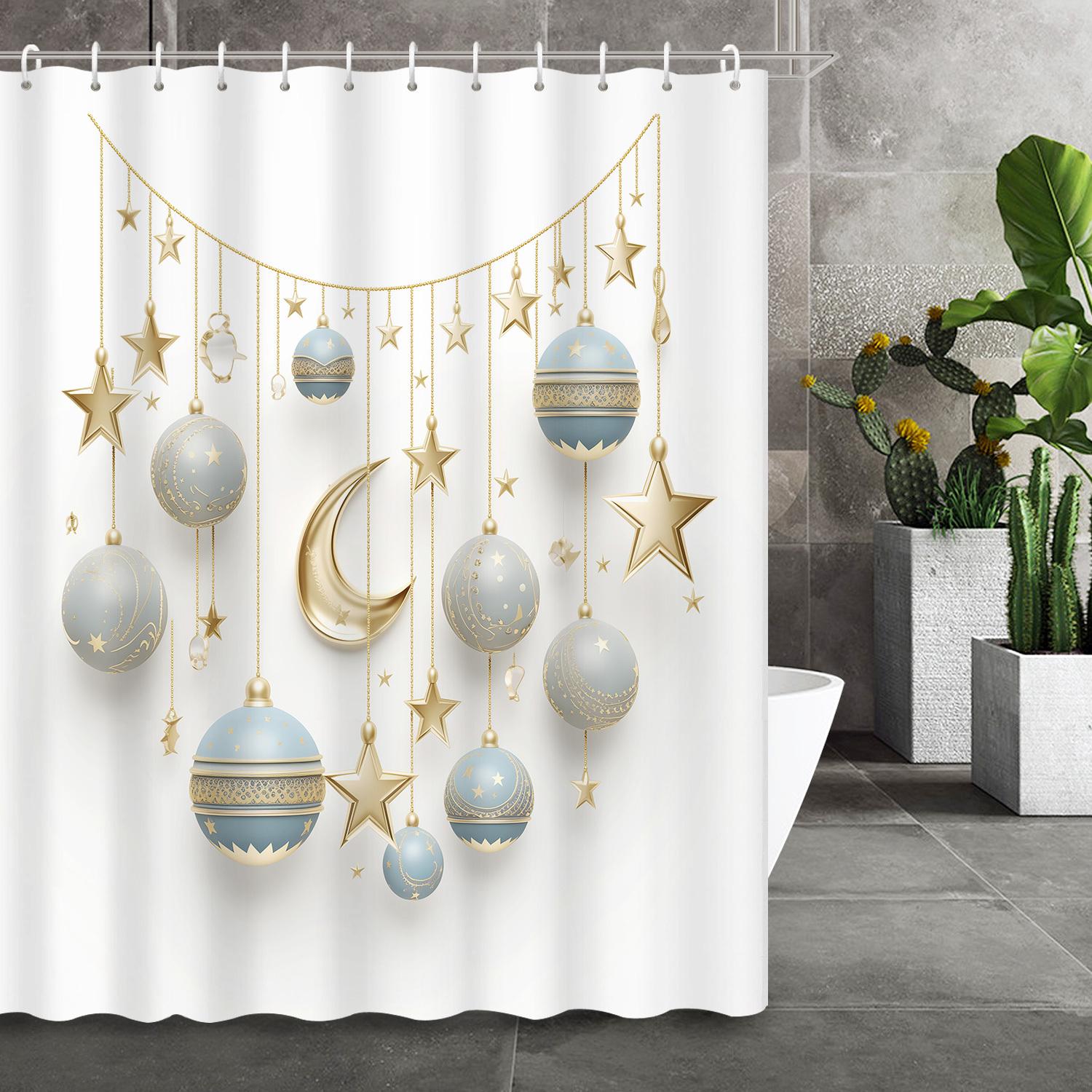 

Elegant Blue & Gold Star Moon Shower Curtain , Machine Washable, All-Season, Grommet Top With Hooks, Modern Bathroom Decor W60H190(CM)-1 Pcs