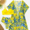 Women Three Piece Swimsuit Set With Leaf Print High Waist Bikini And Sheer Cover Up For Beach Swimming Water Sport Adult Summer Wear