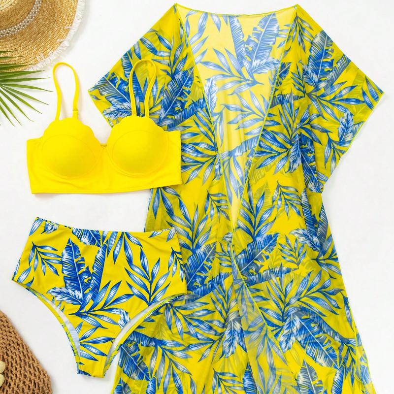 Women Three Piece Swimsuit Set With Leaf Print High Waist Bikini And Sheer Cover Up For Beach Swimming Water Sport Adult Summer Wear