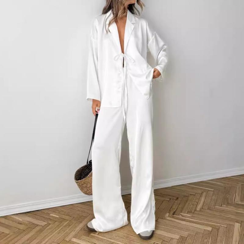 Women V Neck Lace Up Shirt High Waist Straight Pants Casual Two Piece Set