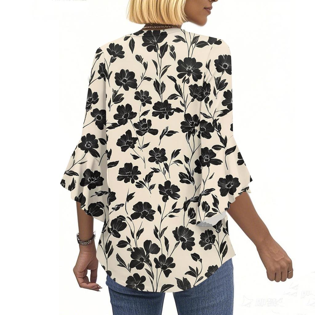 Blouses For Women Dressy Casual 3/4 Length Sleeve Womens Tops V Neck Tshirts Shirts With Flared Sleeve