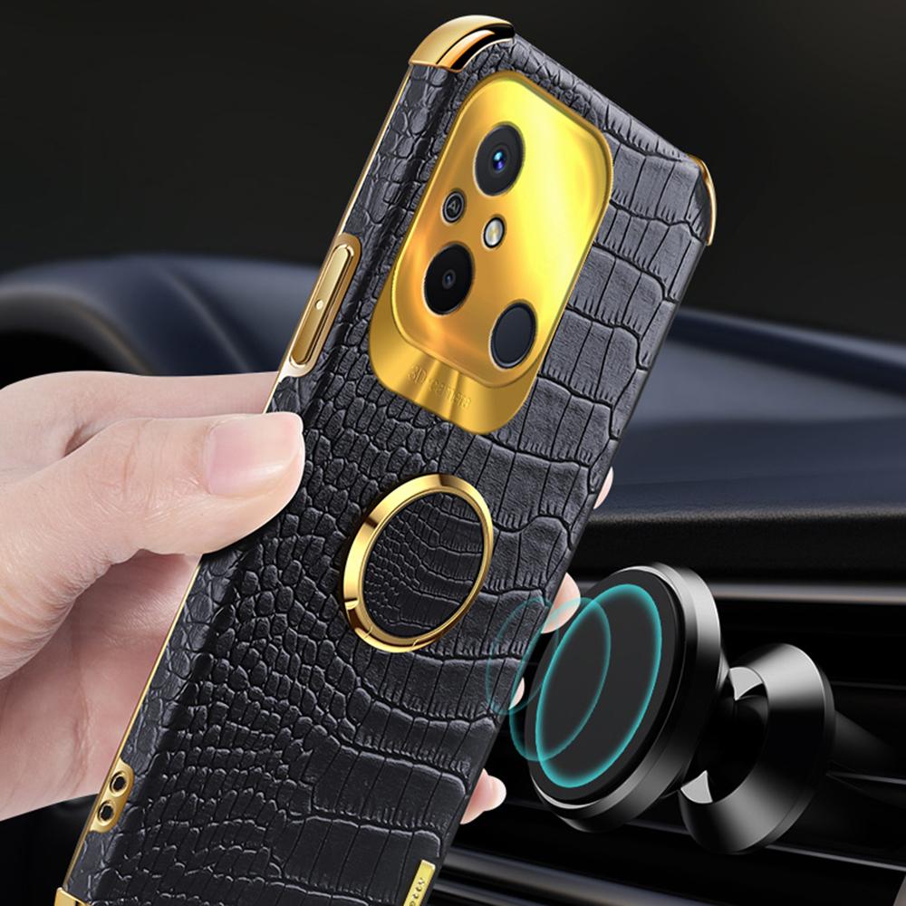 For Xiaomi Redmi 12C 4G Ring Kickstand Leather Coated TPU Anti-drop Case Crocodile Texture 6D Electroplated Phone Cover