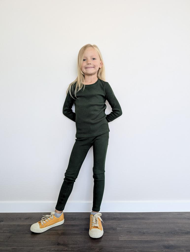 Girls' Cotton Ribbed Leggings, Forest Green, Size 104/110