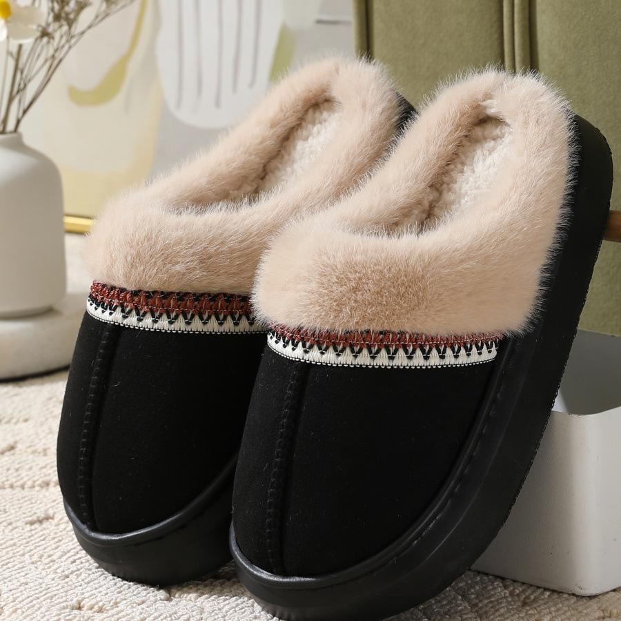 Crestar Fur Plush Women Slippers Indoor Warm Thick Soles Fluffy Female House Slippers Winter Fashion Non-slip Fuzzy Cotton Shoes