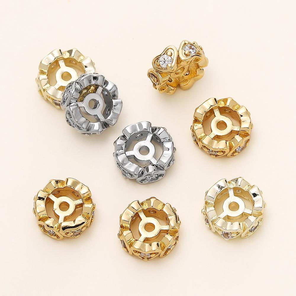 5/10Pcs/Pack 14/18K Gold Color Plated Round Heart Spacer Beads with Zircon for DIY Bracelet Jewelry Making Accessories