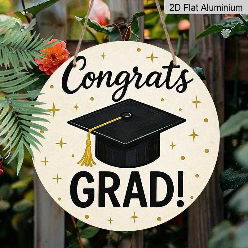 2D Flat, 1pc Round Aluminum Sign, "Congrats Grad!" Graduation Design, Simple Mortarboard & Gold Star Metal Wall Art, Minimalist Decor for Grad Party