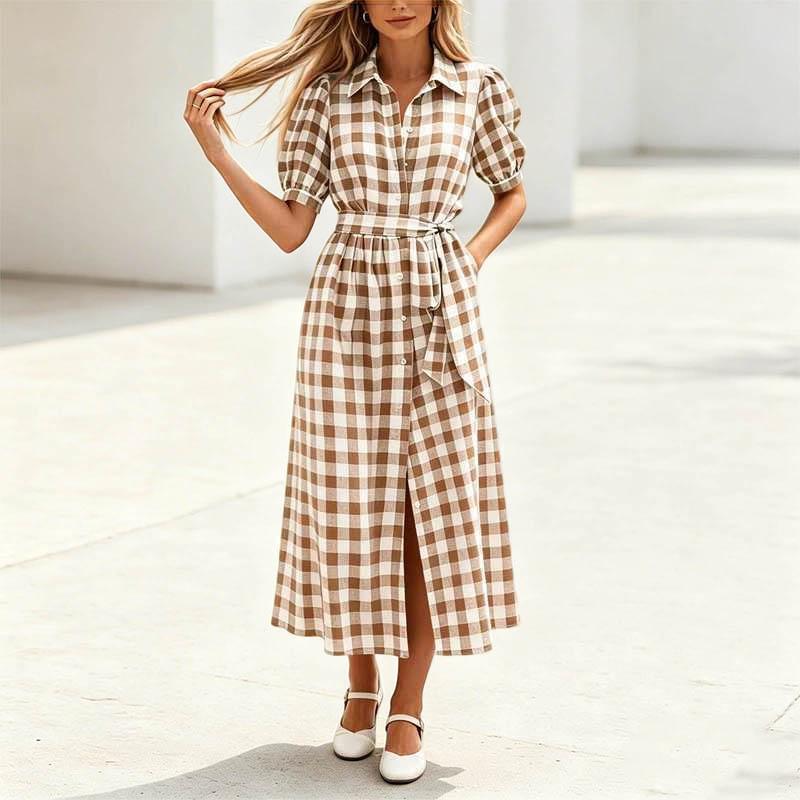 Women Casual Shirt Dress Midi Length Button Front Dress with Belted Waist and Short Sleeve Turn Down Collar Plaid Pattern
