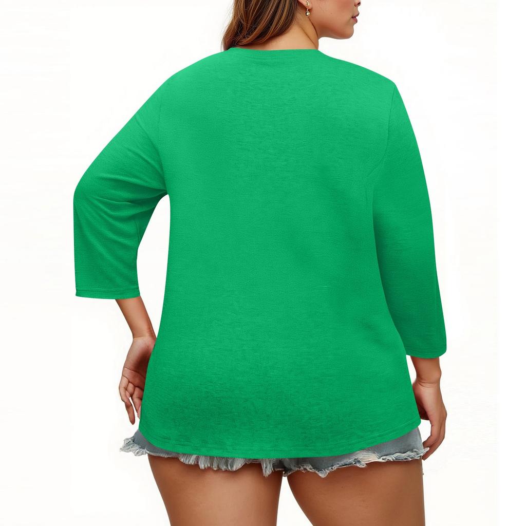 3/4 Length Sleeve Womens Tops Plus Size Button Down V Neck Shirts Blouses Casual Color Loose